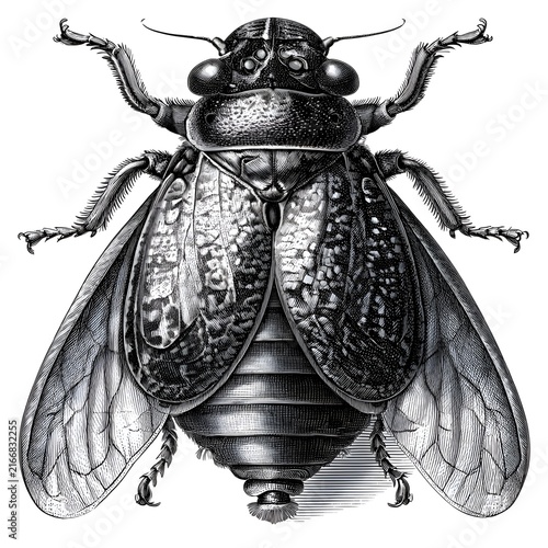 Vintage illustration of a cicada insect with detailed wings, head, and body, isolated on a white background