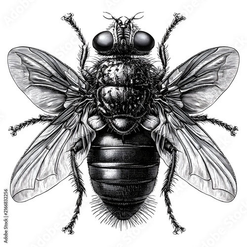 Detailed black and white illustration of a fly in vintage engraving style