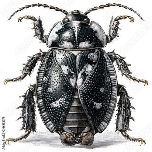 Intricate engraving of a detailed scarab beetle, scientific illustration style