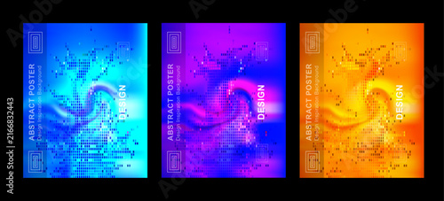 Abstract poster set with fluid liquid gradients, vibrant neon wave background collection, 3 modern digital art layouts