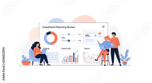 Investment planning review with donut charts and metrics