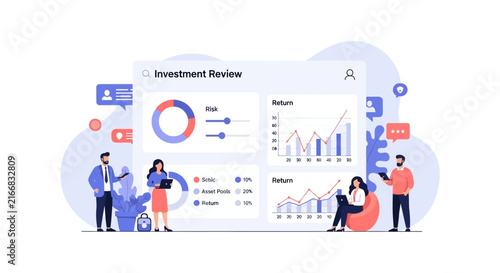 Investment review dashboard with financial portfolio metrics.