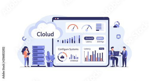 IT experts configuring cloud system performance latency.