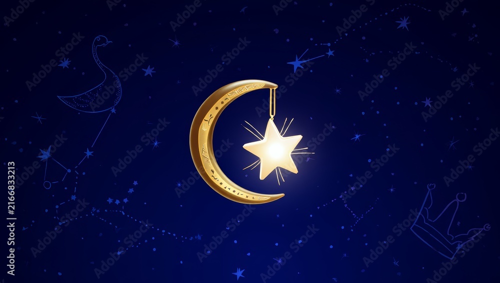 Fototapeta premium Golden Star and Moon in Starry Night Sky
