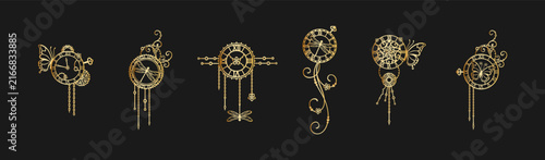 Golden decorative elements with vintage watch, clock-face, gears, butterfly, dragonfly, cogwheels, curls and chains, isolated on a black background. Mechanism. Steampunk. Vector big set for decoration