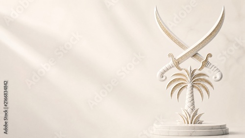 White marble crossed ceremonial swords above palm tree sculpture for Saudi National Day with gold leaf inlay on ivory background 3D render