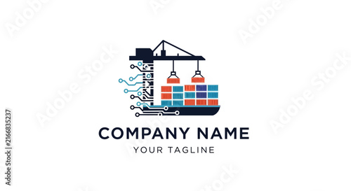 Colorful shipping container and crane logo for logistics company.