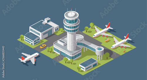 Colorful isometric illustration of a busy airport with airplanes and terminal.