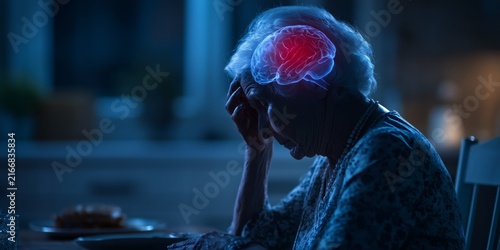 Elderly woman sitting at a table looking distressed with a glowing red and blue brain overlay representing memory loss.