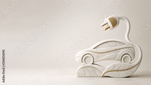White marble sleek electric car silhouette with charging plug and leaf sculpture for World EV Day with gold leaf inlay on ivory background 3D render