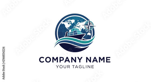 Global shipping and logistics company logo design with wave and globe.