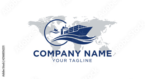 Foto Modern shipping company logo with global map and cargo ship design