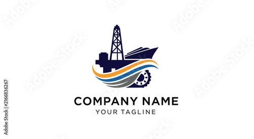 Oil rig and wave logo design for energy company branding.