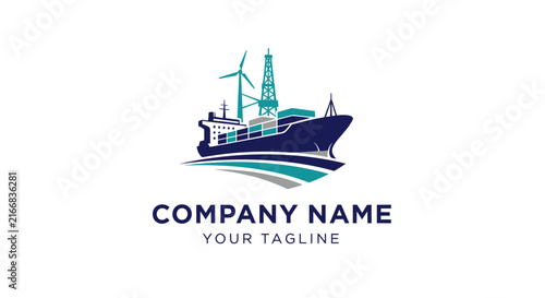 Modern maritime shipping company logo with wind turbines and waves.