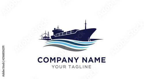 Minimalist ship logo design with wave and company name placeholder.