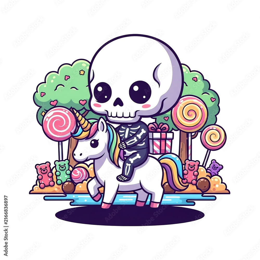 Fototapeta premium Cute Skeleton Riding a Unicorn Surrounded by Candy.