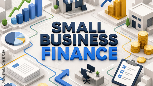Isometric 3D illustration of small business finance with charts, coins, storefronts, checklist, office workspace, and growth arrows.
