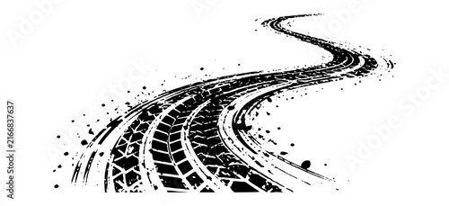 Hand drawn curved tire tracks and wheel skid marks. Dynamic graphic element with vehicle tread prints, winding road curves, dirt splatter and automotive motion effect. Vector.