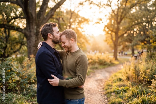Male couple sharing a tender forehead kiss outdoors at sunset