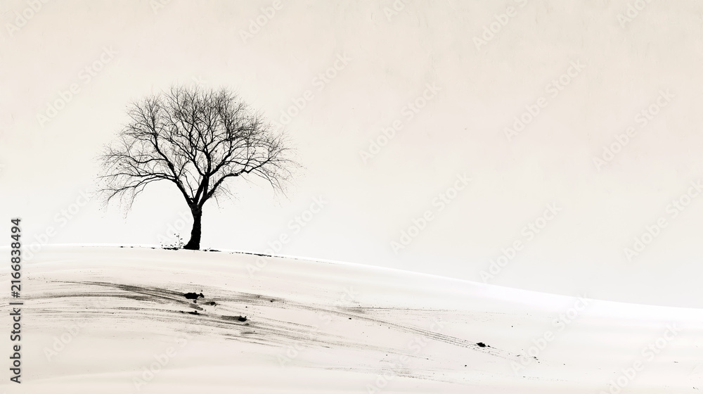 Fototapeta premium Sumi-e ink wash lone tree standing in a vast snowfield / Japanese ink landscape