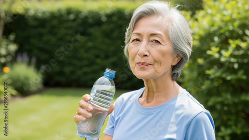 Senior Woman Refreshing in Garden: An elegant elderly Asian woman with gray hair holds a bottle of water, enjoying a refreshing moment in a verdant garden, embodying a healthy and active lifestyle.
