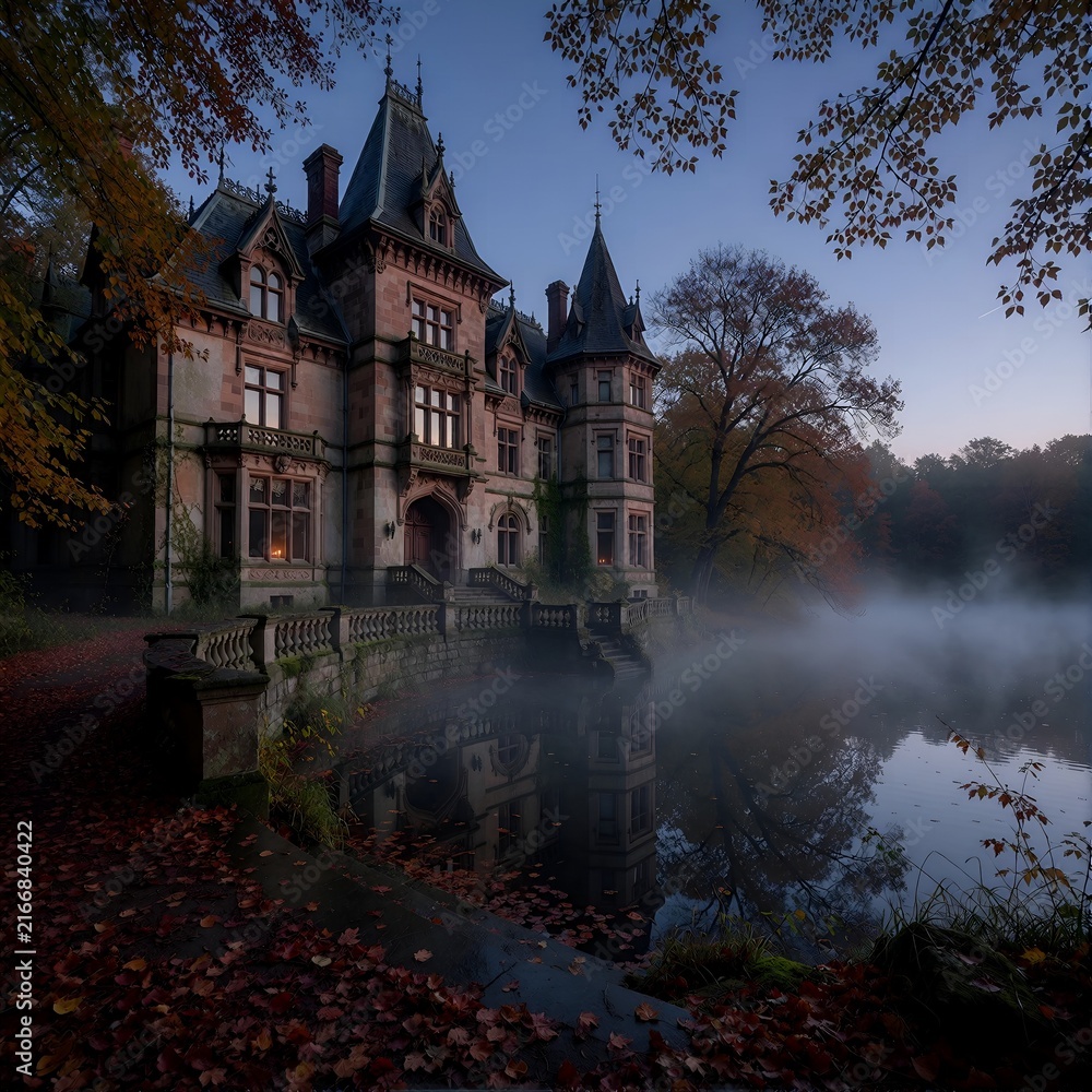 Obraz premium fall foliage Abandoned Gothic Victorian Manor by an Autumn Lake