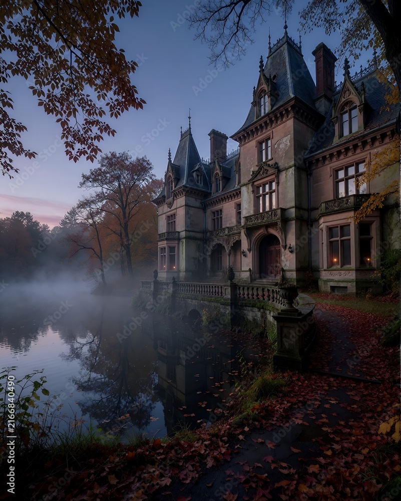 Obraz premium autumn woodland Abandoned Gothic Victorian Manor by an Autumn Lake