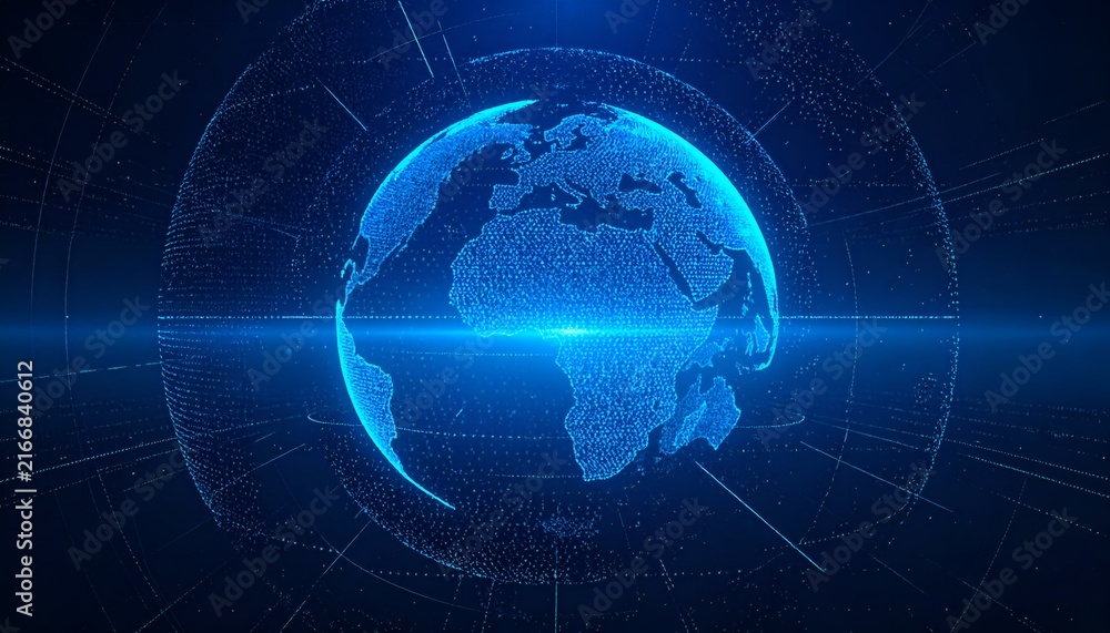 Obraz premium A glowing digital blue globe made of particles and data lines represents global connectivity, digital technology, artificial intelligence, cybersecurity, and the future of communication.