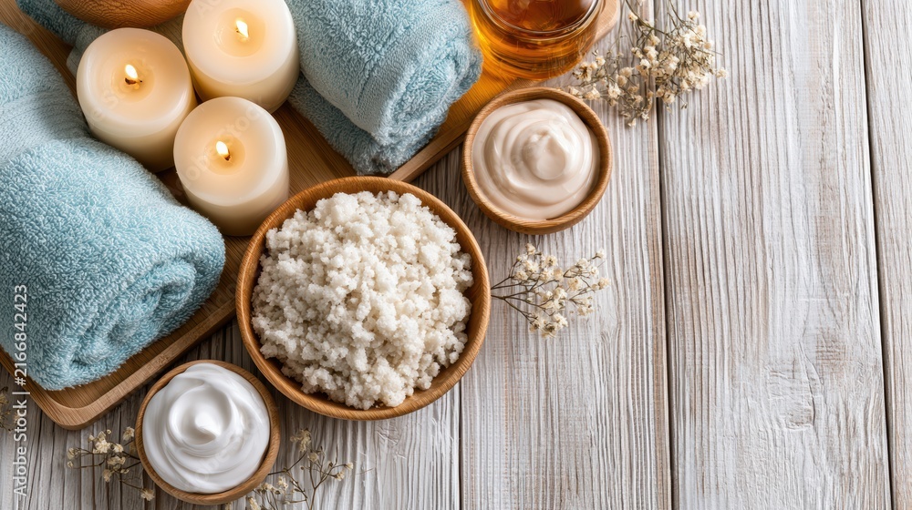 Fototapeta premium Beautiful spa treatment composition such as Towels, candles, essential oils, Massage Stones on light wooden background. blur living room, natural creams and moisturizing Healthy lifestyle, body care