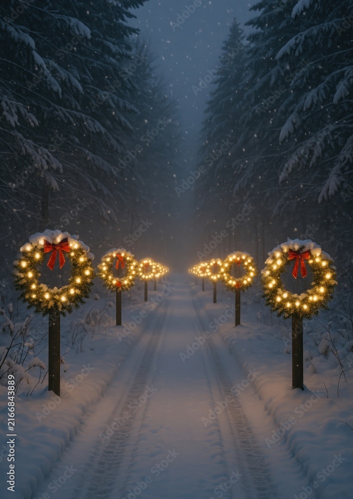 Fototapeta premium Enchanting snowy path with wreaths.