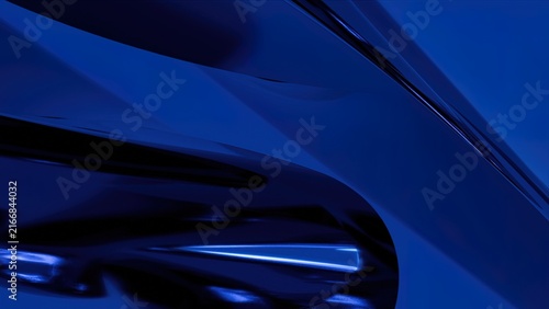Abstract futuristic metallic liquid chrome wave in deep blue gradient background with glossy reflections