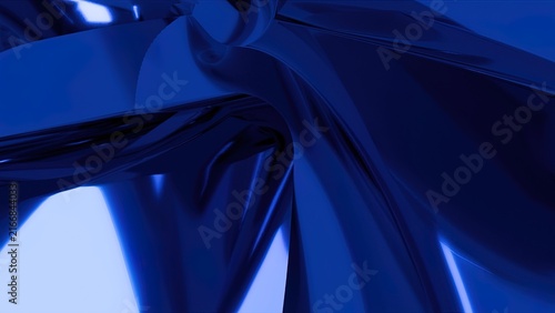 Abstract flowing chrome liquid metal texture with glossy reflective surface in deep blue tones