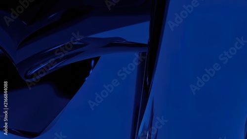 Close-up of glossy metallic liquid chrome surface reflecting deep blue light in abstract motion