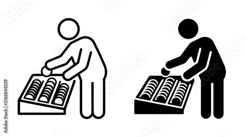 Two simple stick figure icons showing a person selecting items from a tray.