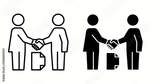Two simple icons representing a business handshake and agreement with a document.