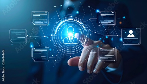 Digital recruitment concept with a glowing professional profile selected through an interactive interface, surrounded by connected candidate cards and data networks.