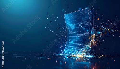 Futuristic illuminated document standing in a digital environment, representing electronic files, information systems, software technology, data storage, digital transformation, and innovation.