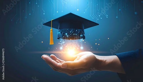 Modern graduation cap hovering above a human palm with illuminated circuit patterns, representing AI education, technology skills, digital knowledge, academic success, and future learning.