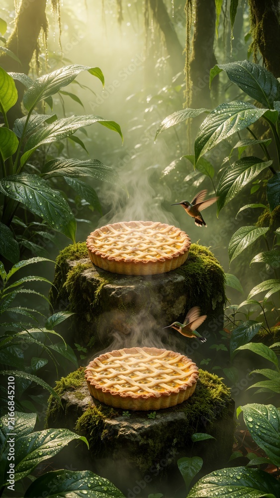 Naklejka premium Surreal Concept of Freshly Baked Lattice Pies Resting on Mossy Stones in a Misty Jungle