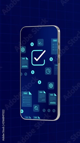 Standing smartphone interface displaying digital tax filing forms, compliance checkmarks, and financial audits.