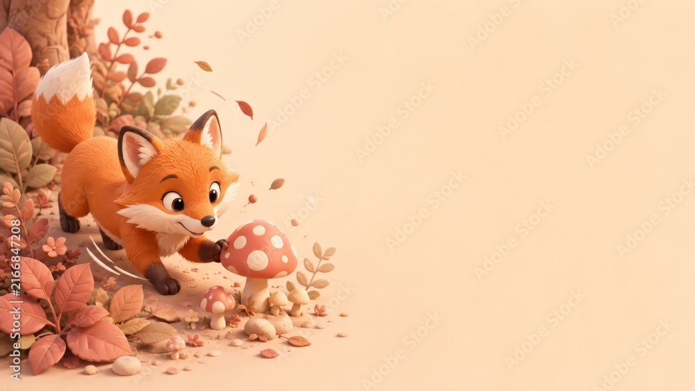 Naklejka premium Adorable cartoon fox exploring an autumn forest floor among spotted mushrooms and fallen leaves beside a tree trunk, surrounded by warm pastel foliage and pebbles