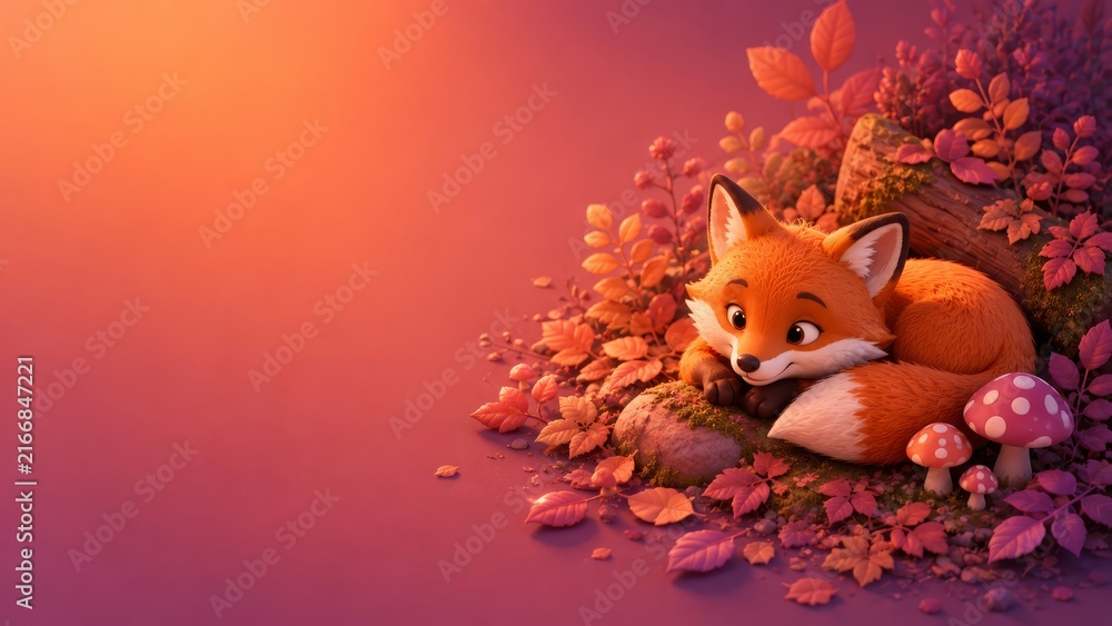 Naklejka premium Adorable red fox curled into a fluffy tail, resting on a mossy forest floor surrounded by autumn leaves and mushrooms, bathed in warm golden sunset light and whimsical charm