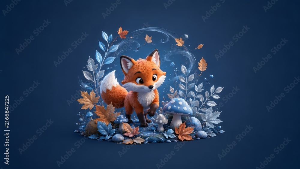 Naklejka premium Charming stylized illustration of an adorable fox kit in a magical woodland clearing, surrounded by blue foliage, autumn leaves, mushrooms, glowing sparkles, and whimsical details
