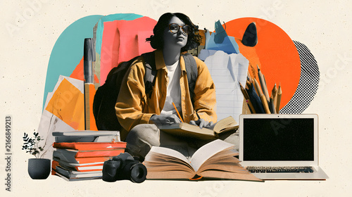 Halftone back to school collage elements set with school stationery supplies paper cut outs, featuring student, book, pencil, laptop