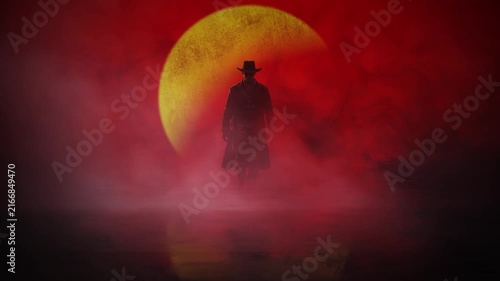 Gunslinger Silhouette with Red Full Moon 4K features the silhouette of an old west gunslinger walking toward the viewer in a red foggy atmosphere with a yellow setting sun in the background.