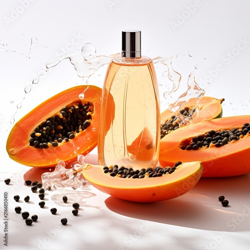 Close-up View of a Bottle of Papaya Seed Oil with Fresh Papayas and Leaves for Natural Beauty