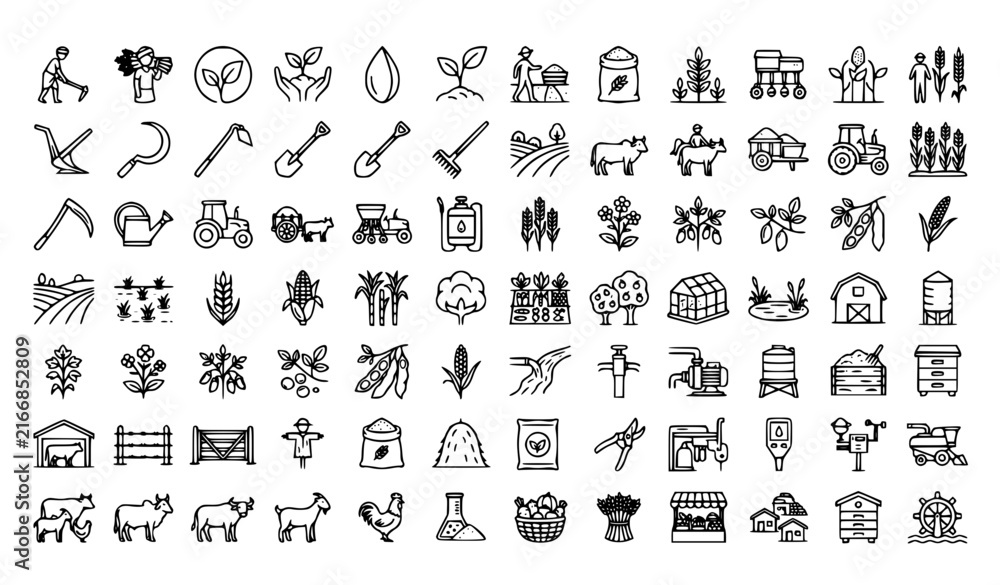 Obraz premium Complete Indian Agriculture Line Icon Pack with Farming Tools Crops Livestock Harvest and Rural Elements