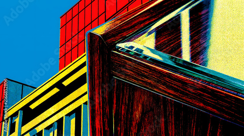 Abstract architecture building facade window wood colorful geometric Urban building facade with window and wood frame, colorful geometric architecture detail pop art style, bold contrast