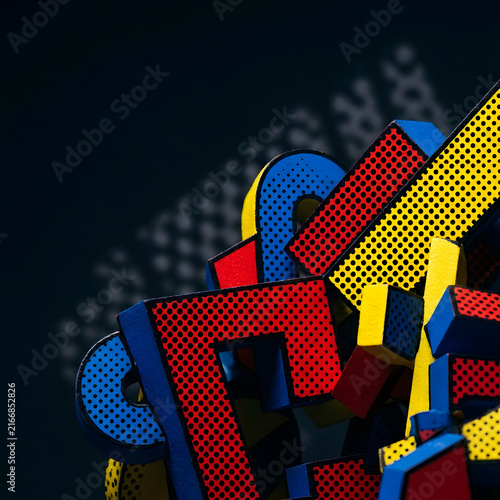 Pop art abstract 3d geometric colorful halftone shape background design modern layered 3d geometric shapes with halftone dot texture bright primary colors dark background, pop art style abstract