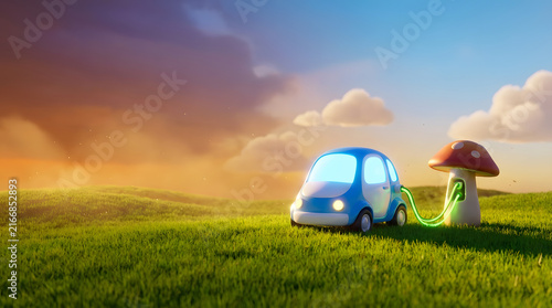 Electric car charging green energy electric vehicle plug meadow sunset cartoon 3d render Cute electric car charging with glowing cable beside mushroom shaped charger grassy meadow sunset sky